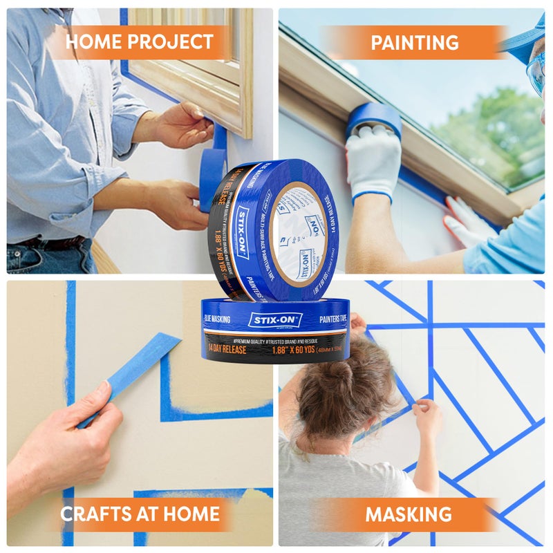 STIX-ON Painters Tape - 2 inch/ 1.88 inch x 60 yds Masking Tape Rolls - Paint Tap for Wall, Trim, Glass, Metal - Fine Line Tape for Precise Lines, Edges - Residue-Free Blue Painters Tape-Single Roll - Image 3